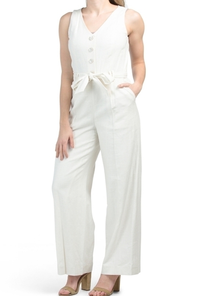TAHARI Asl Linen Front Button Wide Leg Ivory Jumpsuit - Picture 1 of 17